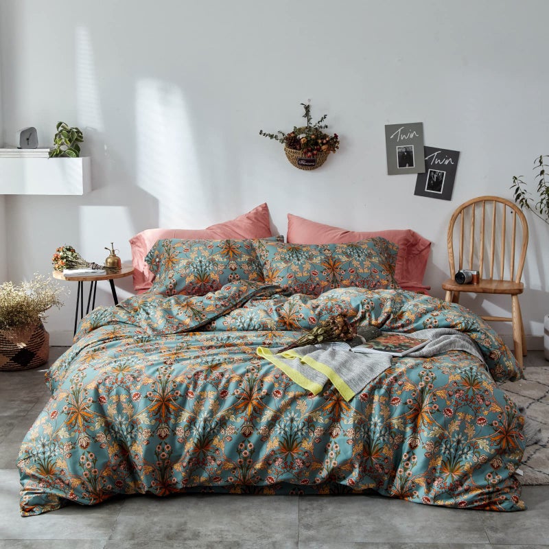 mixinni Vintage Style Garden Flower Duvet Cover Set with Zipper Closure Long Staple Percale Cotton Yellow Vibrant Pattern on Bedding Quilt Cover Set(King, All Season) - Image 1